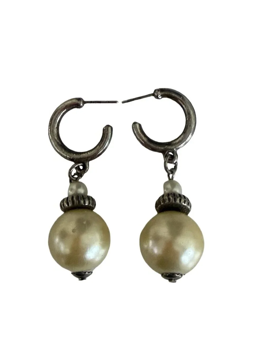 Vintage Faux Pearl Drop Hoop Earrings Silver Tone Dangle Classic Costume Jewelry